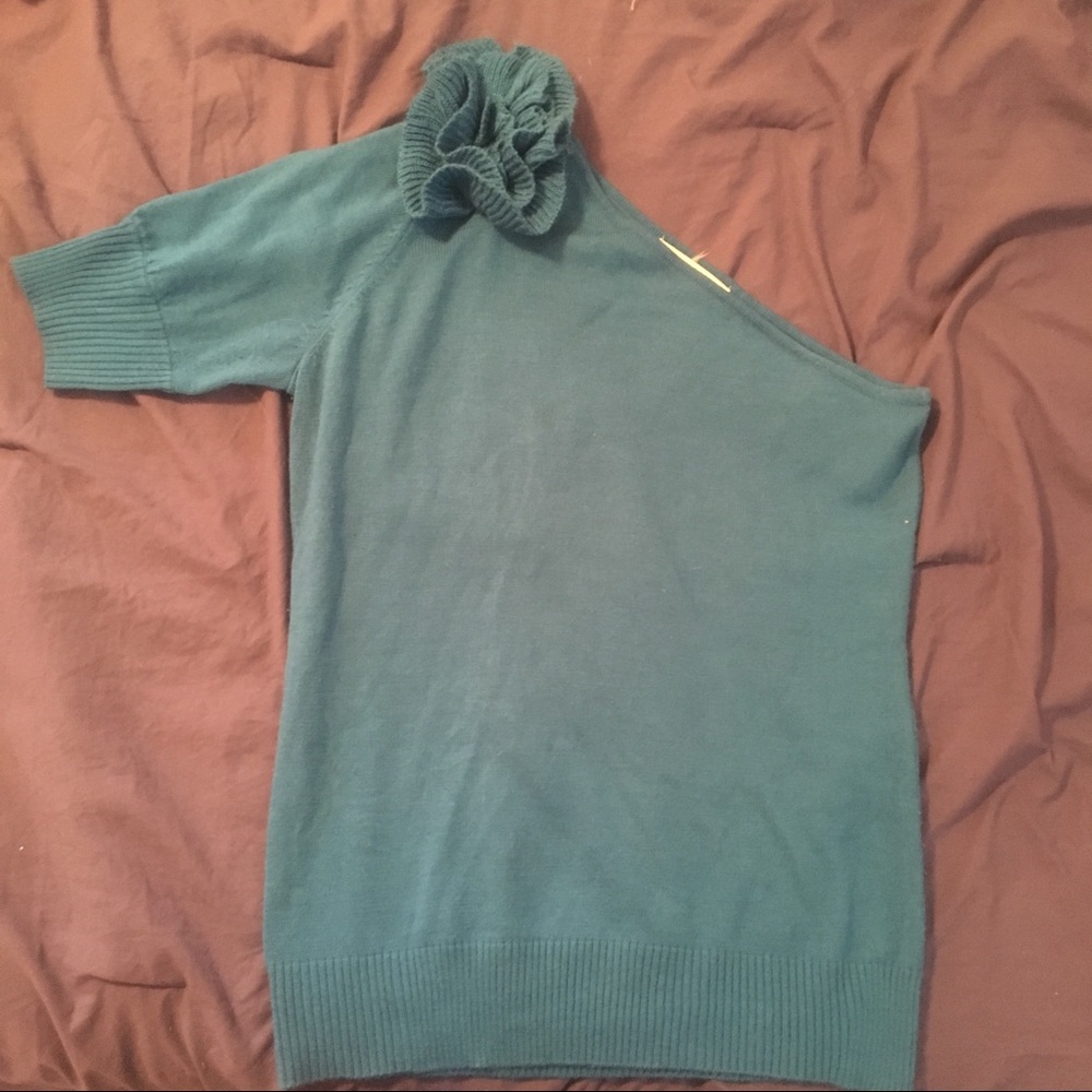 One shoulder teal/turquoise sweater